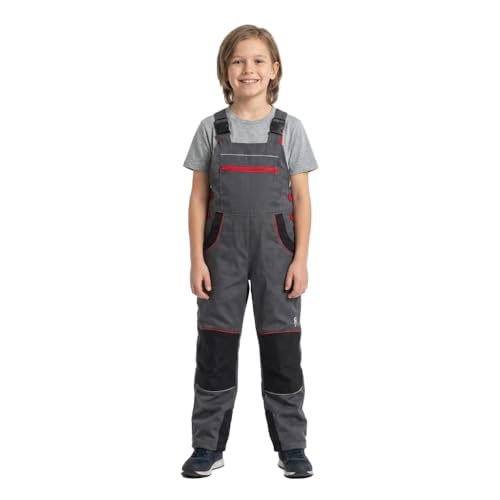 CXS PHOENIX CASPER Niedliche Kinder-Arbeitslatzhose - mit reflektierenden Elementen, Taschen, verstärkten Knien, verstellbar, robust, für kleine Heimwerker, für Haus- und Gartenarbeit (grau-rot, 110)