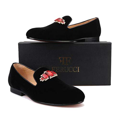 FERUCCI Handmade Men Black Velvet with Red Crystal Brooch Slippers Loafers Flats2