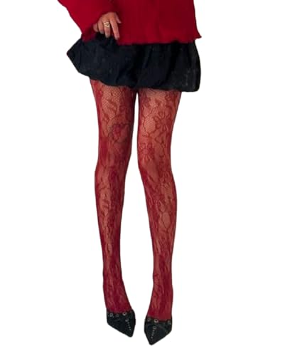 Luckinbaby Women Y2K Floral Patterned Tights Lace See Through Pantyhose Stockings Sexy High Waist Sheer Leggings(Solid Red One Size)