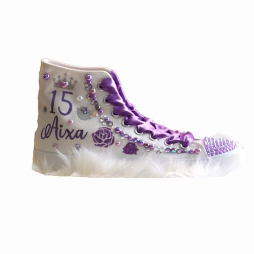 Flowers Quinceañera Party Shoes Sneakers for Girl Personalized Tennis Gift Mis XV Bling Zapatillas Decor Letter Shoes (6, Lila)