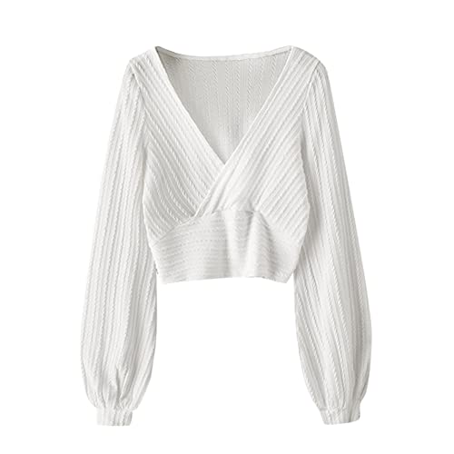 ZAFUL Women's Pullover Ribbed Batwing Lantern Sleeve Knitwear Knitted Crop Top Solid Round Neck Long Sleeve T-Shirt