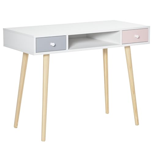 HOMCOM Mesa de Escritorio Infantil Mesa Consola con 1 Compartimento Abierto y 2 Cajones Estilo Nórdico para Estudio Entrada Dormitorio 100x48x76,5 cm Multicolor