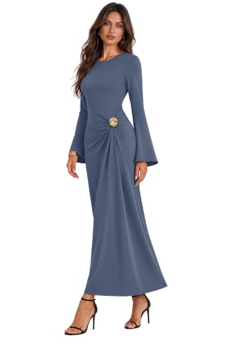 Sipaya Maxi Bodycon Dresses for Women Wedding Guest Formal Business Casual Long Sleeve Cocktail Outfits Midi Fall Fashion Winter Clothing Funeral Blue L - image 4