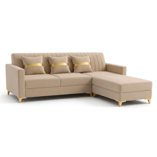 Image of CASASTYLE Signature Groovy 4-Seater L-Shape Sofa Set with Movable Ottoman | Flexible LHS /RHS Layout | Smooth Boston Fabric & Plush Cushions | 40D Foam + Zigzag Spring | 3-Yr Warranty (Beige)