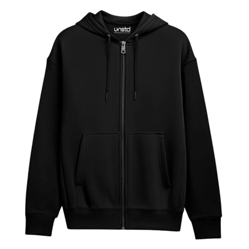 Image of UNSTD Men Solid Maroon Zip-Up Hoodie | Full Sleeve Hooded Sweatshirt with Kangaroo Pockets | Casual Winter Wear for Men