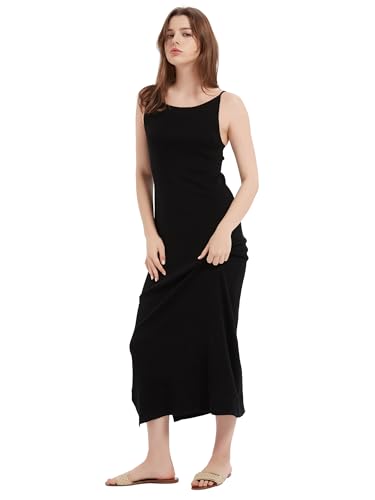 100% Merino Wool Women’s Casual Sleeveless Boat Neck Spaghetti Strap Bodycon Maxi Dress Black Long Dresses2