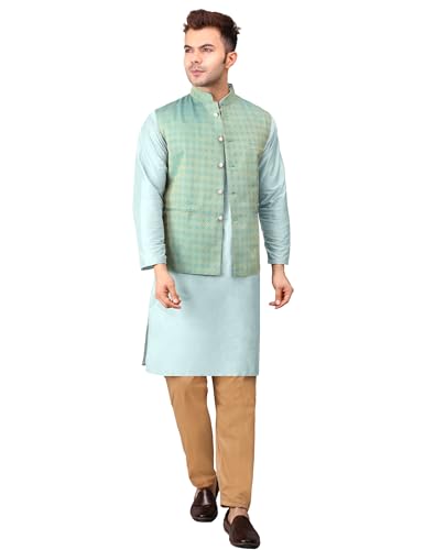 Image of Men's Cotton Silk Blend Regular Kurta Pyjama, Embroidered Nehru Jacket /Waistcoat Set