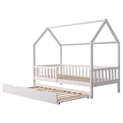 Happy Garden Cama de 190 x 90 cm, Color Blanco Martillo, Marco de Cama de Madera Maciza de Pino con somier de láminas, barrotes de Seguridad y Cama Nido
