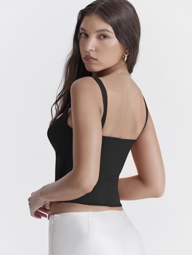 LAGSHIAN Women's Sleeveless Square Neck Double Layer Crop Top Central Single Row Clasp Trendy Tank Top2