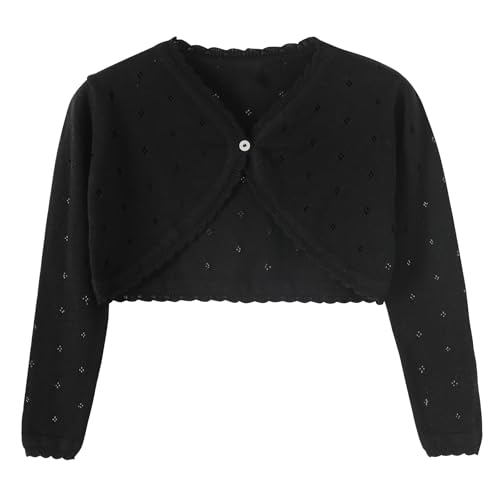 Image of Girls Cardigan, Girls Bolero Shrug Sweater, Kids Knit Hollow Out Long Sleeve, Button Cover Up Cropped Tops
