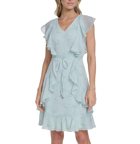 Image of Tommy Hilfiger Women's Sleeveless V-Neck Ruffle Trim Tie Waist Chiffon Mini Dress