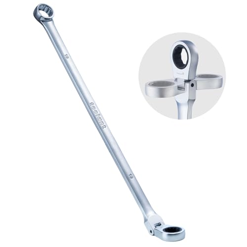 Image of toolant Extra Long Ratcheting Wrench, Flex Head & Fixed Offset Head Double Box End Combination Wrench, CR-V Steel, Metric 19mm