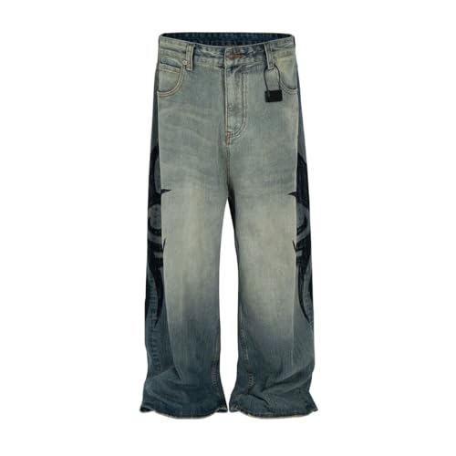 Men’s Retro Leopard Print Jeans, Washed Distressed Denim, Wide Leg, Curved Blade Pants