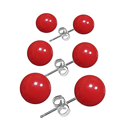 3 Pairs Pearl Red Stud Earrings for Women Round Ball Stud Earrings Set
