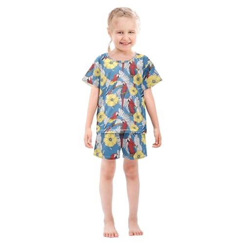 Red Parrot Retro Pattern Summer Cute Pajama Sets, Short Sets for Daily Wears and Sleep Wears3
