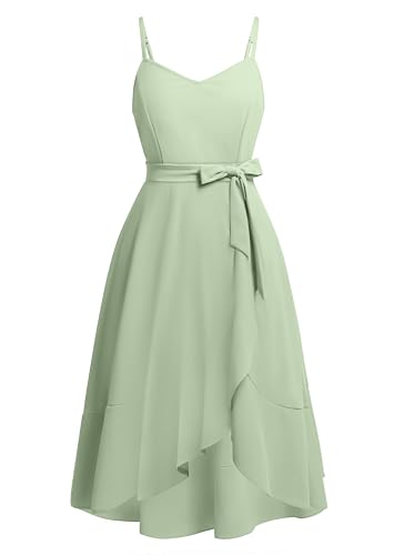 Image of Pinup Fashion Plus Size Cocktail Party Wedding Guest Semi Formal Midi Dress | Sexy V-neck, adjustable spaghetti strap, belted waist, fit and flare, flowy high-low ruffle hem, ideal for prom, homecoming