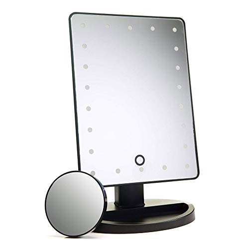 TSHZJ Make up Spiegel Beleuchteter Kosmetikspiegel Tischspiegel mit LED Licht und 10X-Vergrößerungsspiegel 180° Einstellbar Touchschalter für Dimmbare Heilligkeit Batterie Betrieben Cover