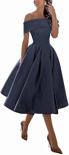 Image of Knee-Length Satin Off Shoulder Homecoming Dress Short Prom Cocktail Party Dress for Junior