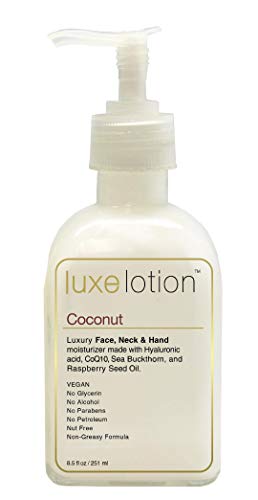 LUXE LOTION Luxurious Face, Neck & Hand Hyaluronic Acid Moisturizer 8.5oz Coconut Lotion - Organic Vegan Ingredients - No Glyerin, Alcohol, Gluten, Mineral Oil, Diamethacone, Soy, Nut & Paraben Free