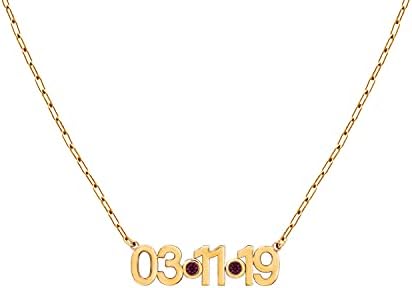 J'ADMIRE 14K Gold Clad Sterling Silver or Brass Custom Personalized Name Plate Birthstone Necklace for Woman Man Unisex Mother's Day Gift, 16" + 2" Extender (Date)