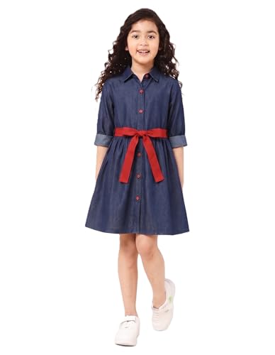 Image of A.T.U.N. (ALL THINGS UBER NICE) Girls 100% Cotton Shirt Dress with Belt | Button-Down Dress with Collar Neck | Soft Breathable Kids Outfit for Girls