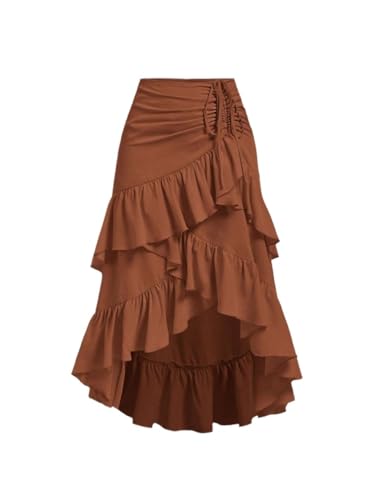 Women High Waist High-Low Hem Drawstring Ruffled Skirt Summer Skirt