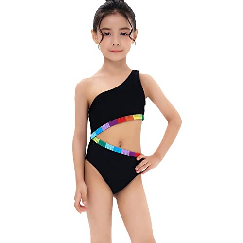 Abociw Girls One Piece Swimsuit One Shoulder Cut Out Bathing Suits Kids Summer Beach Swimwear Black One Shoulder 9-10 Years #TOP2