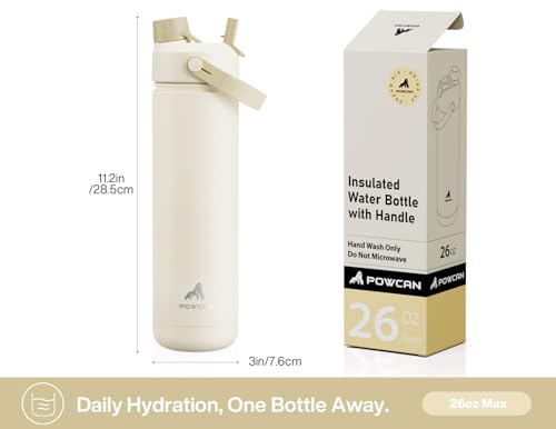 Image of POWCAN 26 oz Insulated Water Bottle with 2-in-1 Straw and Spout Lid, Keep Cold 24H, Leak-Proof, Fits in Car Cup Holder, Stainless Steel Water Bottle for Sports, Gym, Travel, and School (Oat)