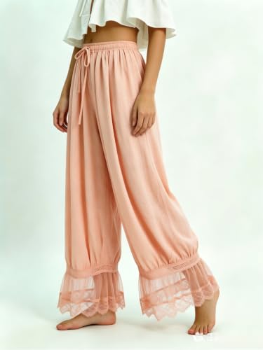 Image of UAURORAO Women Lace Trim Bloomer Pants Flowy Culottes Pantaloons Bloomers