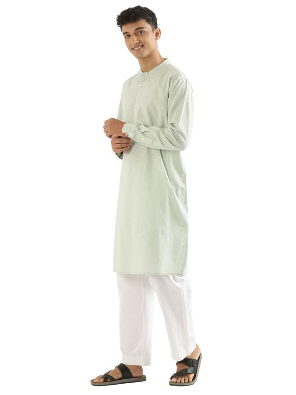 Image of SAADAA Men's Long Kurta - Linen Cotton Blend, Airy Fabric, Regular Fit, Mandarin Collar, Solid Color - Casual, Festive & Ethnic Wear