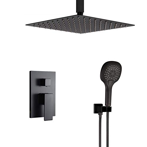 Matte Black Ceiling Mount Shower System, Bathroom Luxury Rain Mixer Shower Faucet Set with Handheld, 10 Inch Shower Head and Handle Set, Single Handle Shower Trim Kit with Rough-in Valve Body