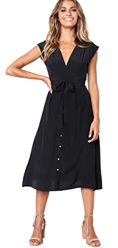 Shmily Girl - Robe d'été pour femme - Col en V - Rayée - Sans manches - Robe midi décontractée - Swing - Avec boutons, Noir , L Cover