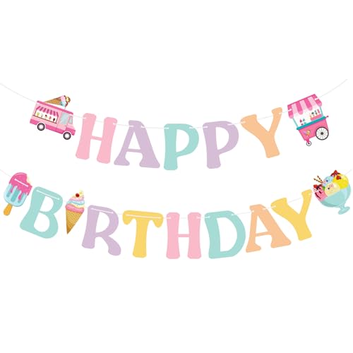 Image of Ice Cream Happy Birthday Banner - Colorful Ice Cream Birthday Party Sign Decorations for Girls Kids Summer Theme Party Supplies
