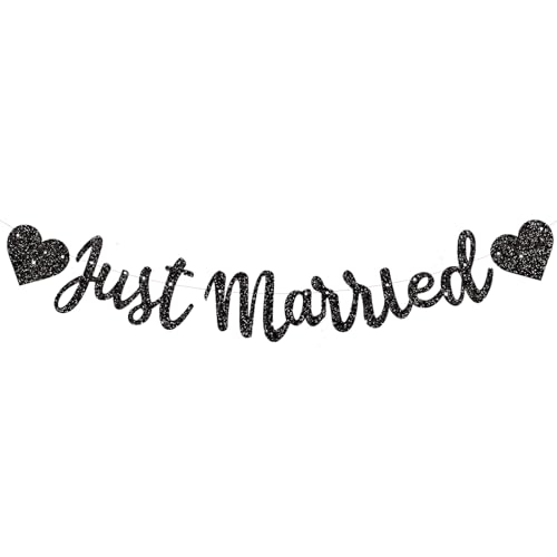BEISHIDA Black Just Married Banner - NO DIY, Glitter Wedding Party Banner,Just Married Signs, Bachelorette/Bridal Garland,Engagement Party Decor Supplies, Wedding Reception Party Decorations.