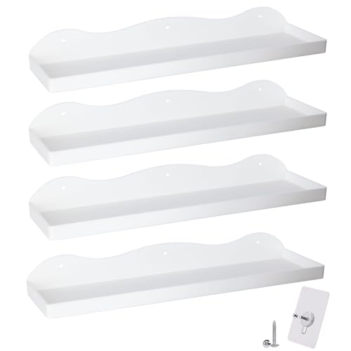 BEHONA White Acrylic Floating Shelves 4 Pack Adhesive Wall Mounted Shelves No Drill Bathroom Shelves for Storage Small Space Saving Floating Shelves for Bedroom Kitchen Modern Organizer