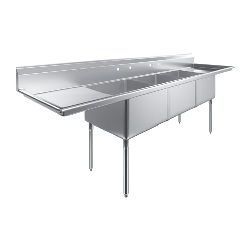 Image of 120 in. x 30 in. Stainless Steel Three Compartment Sink with 24 in. x 24 in. x 14 in. Bowls and Dual 24 in. Drainboards