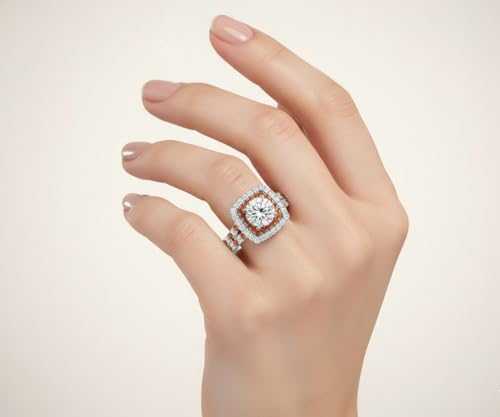 Image of 55Carat Choose Your Gemstone Double Band Square Halo Diamond CZ Ring 925 Sterling Silver Round Shape Halo Engagement Rings Everyday Jewelry Wedding Jewelry Handmade Gifts for Wife US Size 4 to 12