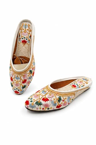 Image of Women Embroidered Jutti, Floral Ethnic Mojari, Slip-On Flats for Wedding, Festive (UK Footwear Size System, Adult, Women, Numeric, Medium, 10) Multicolour