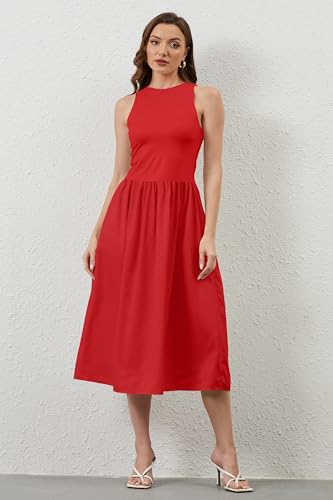 Image of TERIVEEK Women Summer Sleeveless Midi Dress Casual High Neck Patchwork Tank Sundress Flowy Boho A Line Dress with Pockets Red