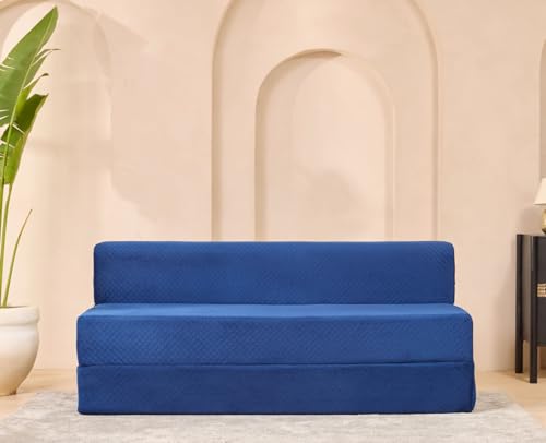 Image of uberlyfe Xtra High, Xtra Soft 3 Seater (6' x 6') Sofa Cum Bed | 1 Year Warranty | 17 inch Sofa Height | King Size Foldable Bed | Plush Laser Quilted Fabric | Deep Blue Color