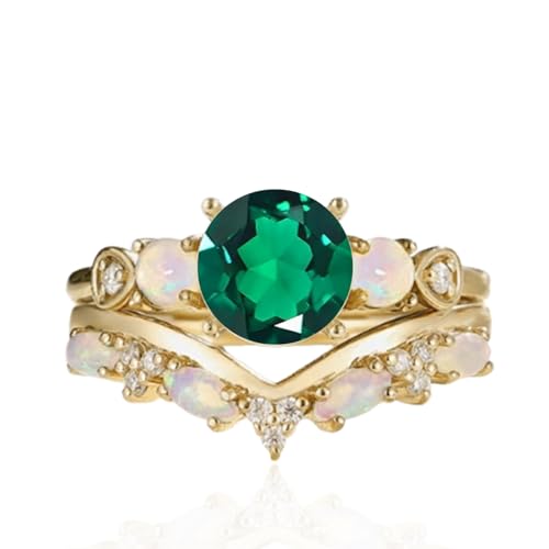 10K 14K 18K Solid Gold 1.5CT Round Shape Gemstone Engagement Ring Set for Women Birthstone Ring with Opal Vintage Bridal Wedding Rings Set Anniversary Christmas Gift Size 4-15