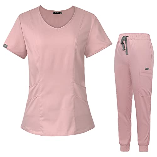 niaahinn Scrub Set for Women Solid Colors Nursing Uniforms Classic V-Neck Scrub Top & Jogger Scrub Pants (Pink,M,Medium)