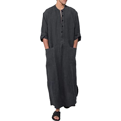 Men's Long Sleeve Solid Saudi Arab Thobe Sleep Gowns Nightwear Muslim Kaftan Islamic Dubai Robe S-5XL