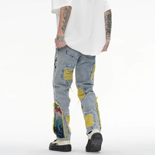 Men Painting Embroidered Patch Washed Pleated Straight Tassels Ripped Jeans3