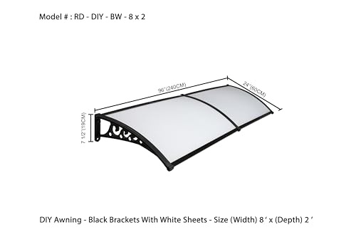 Image of CHENNAI Window Blinds and Shades DIY Polycarbonate Awning (Engineered Plastic Brackets) Window Sunshade Door Weather Shed Rain Canopy Awnings - 8'Widthx2'Depth (Black Brackets & White Sheets)