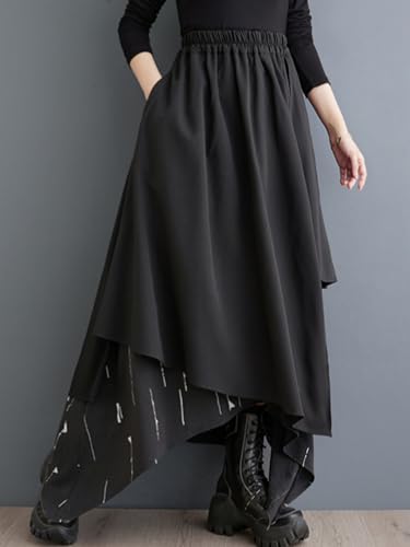 ellazhu Women's Baggy Irregular Patchwork Elastic Waist Ankle Maxi Skirt GZ73 A4