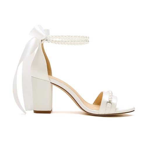 Image of Block Heel Wedding Sandals Pearl Wedding Shoes for Bride Open Toe Bridal Shoes Chunky Heel Sandals