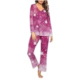 V Neck Christmas Pajamas for Women Fashion Long Sleeve Printed Tops Pants Pajama Sets Casual Comfort Home Sleepwear