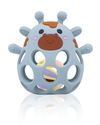MuyPetit Girafa chocalho e mordedor de bebé, livre de BPA e tóxicos, mordedor de refrigeração para bebé fácil de agarrar, chocalhos bebé 0-3 meses branditos, jogos bebés 6-12 meses (azul)