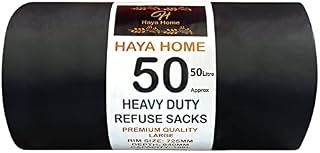 Haya Home 50L 50 Bin Bags Heavy Duty Bin Liners, Black Plastic Refuse Sacks large Garbage Waste Dustbin Bags for Kitchen Home Office DIY Garden from 100% Recycled Material